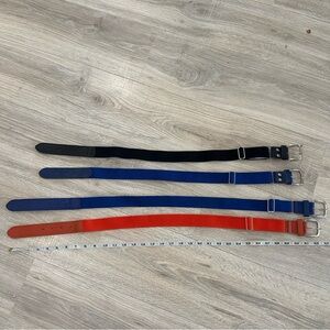 4 baseball belts, orange, blue, black